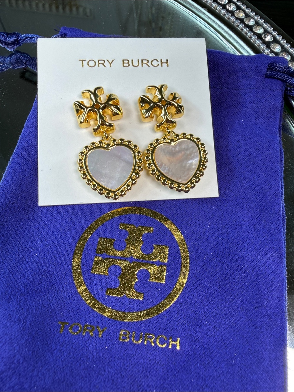 Tory Burch Gold Tone Mother of Pearl Heart Dangle/Drop Earrings Yellow GP